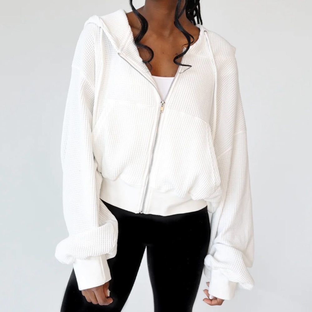 White Waffle Knit Zip Hoodie